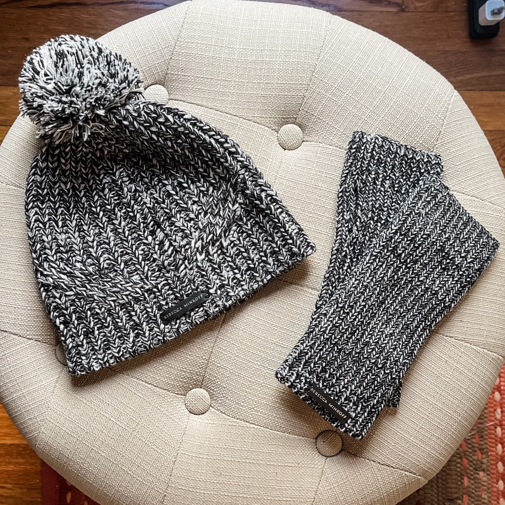 Rebecca Minkoff Marled Beanie & Arm Warmer Set in Black